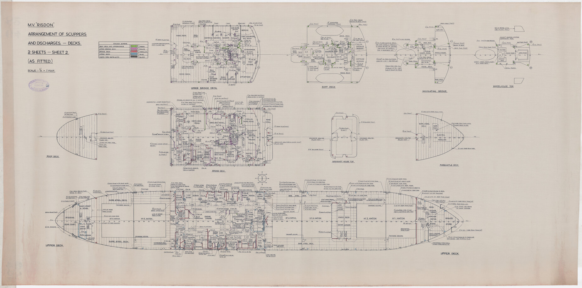 MV Risdon, arrangement of scuppers and discharges, profile and hold, sheet 2 of 2