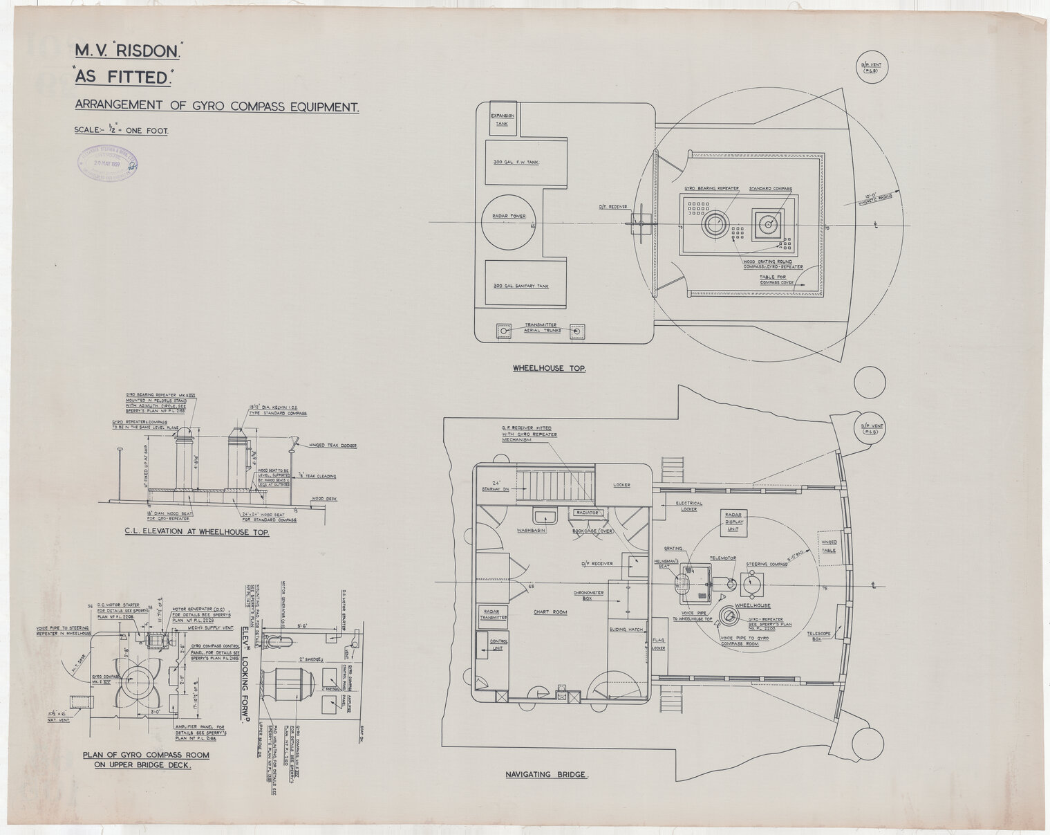MV Risdon, as fitted, arrangement of gyro compass equipment