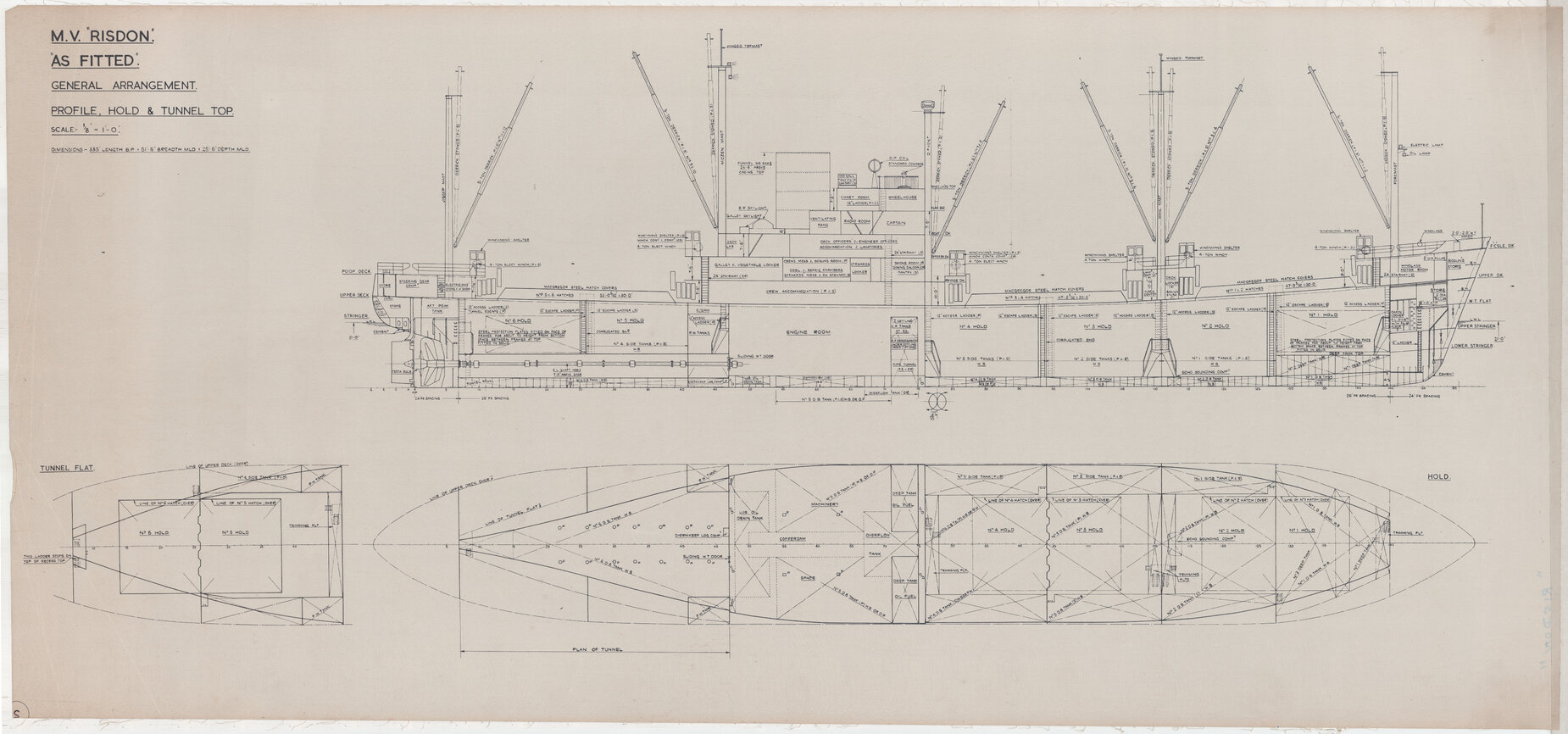 MV Risdon, as fitted general arrangements, profile, hold and tunnel top