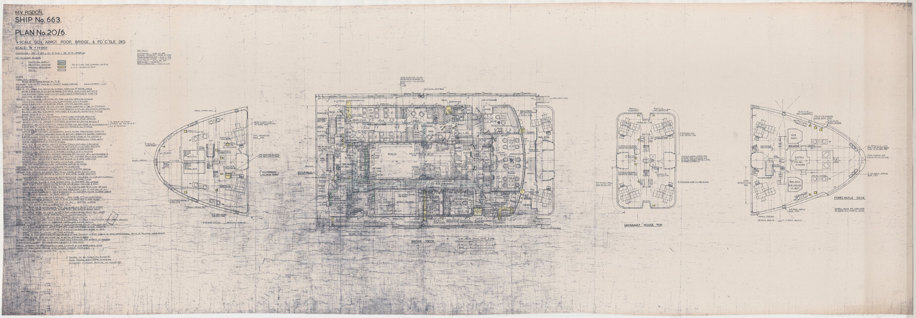 MV Risdon, general arrangement, poop, bridge and forecastle decks