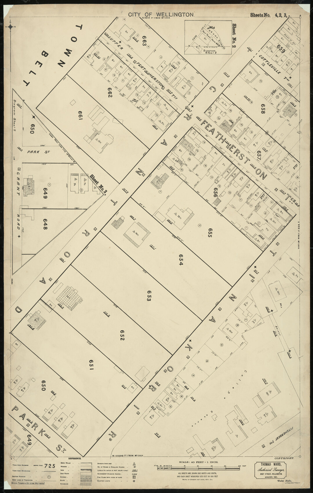 Thomas Ward survey map of Wellington City, sheets 2, 3, 4