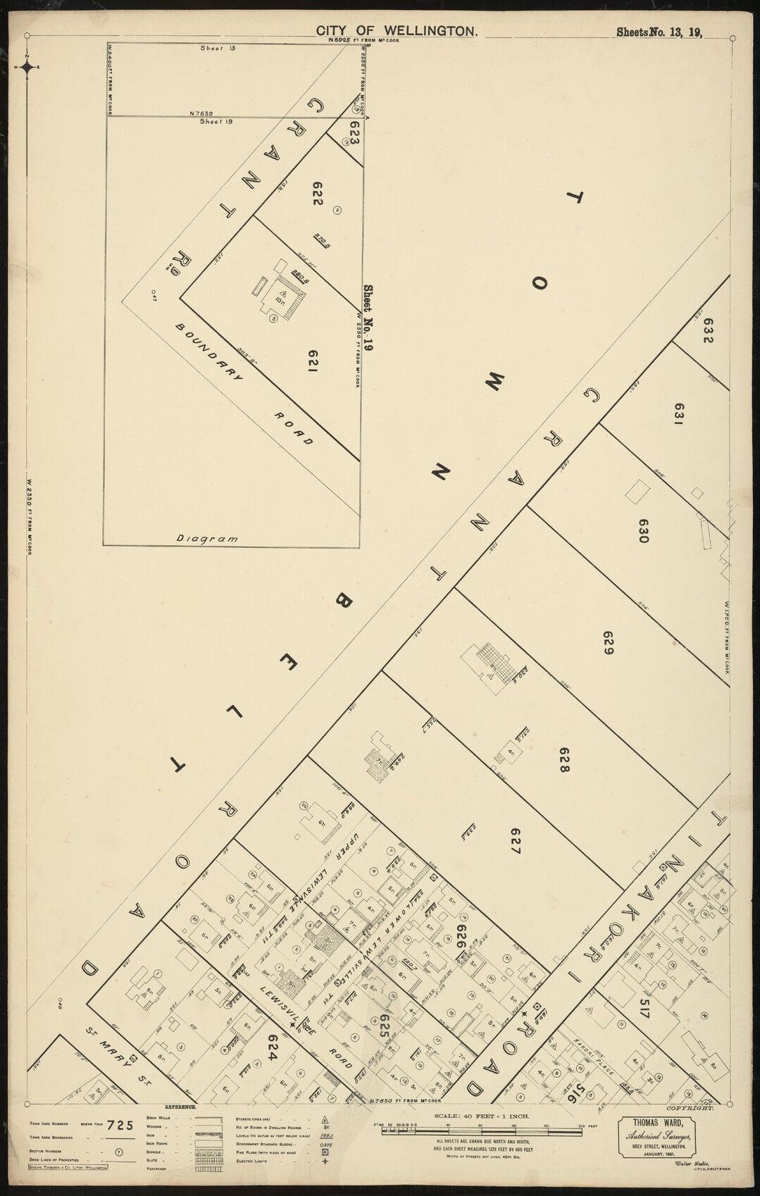 Thomas Ward survey map of Wellington City, sheets 12, 13, 19