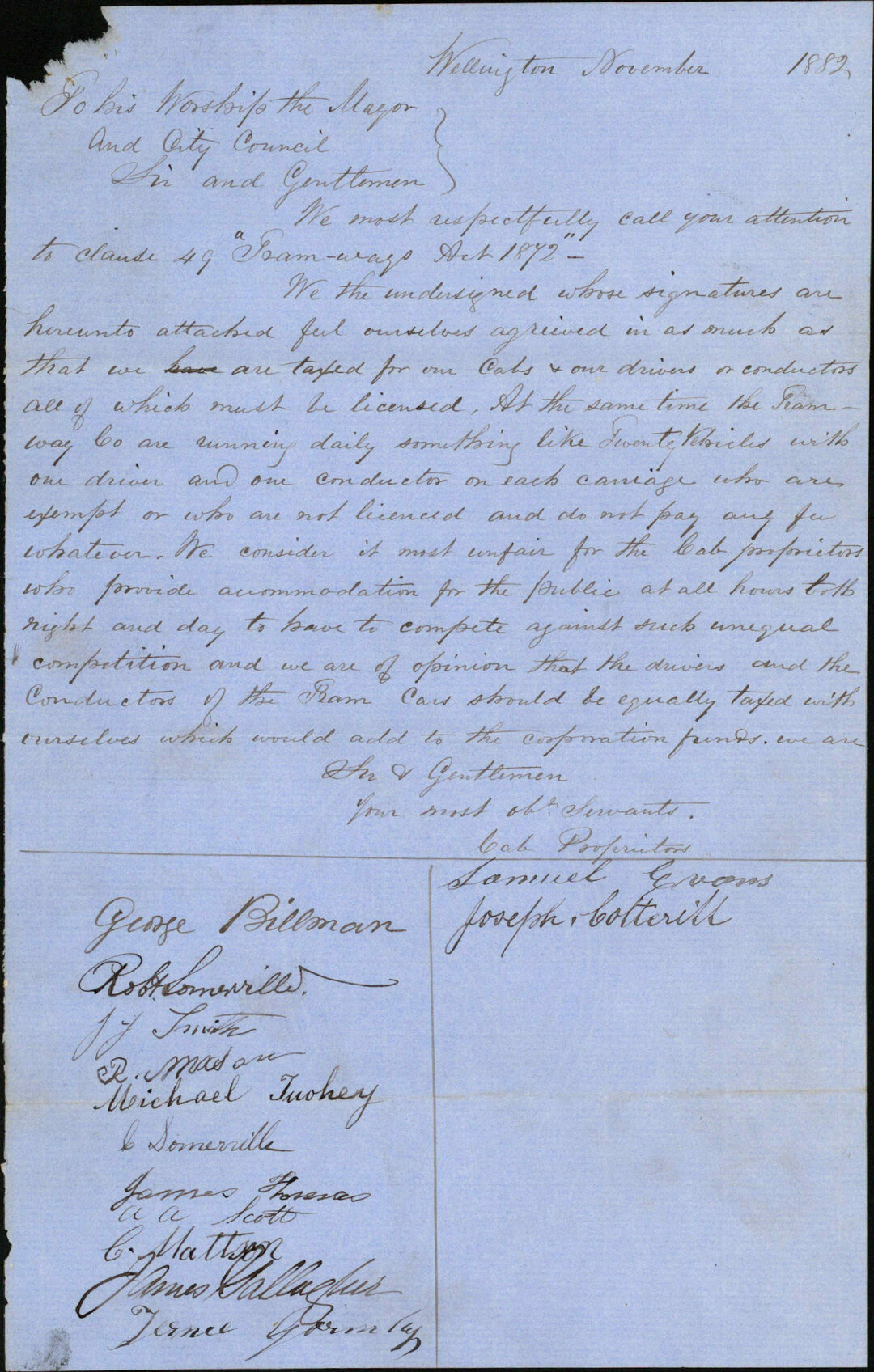 Petition regarding licensing of tramway cars and regulation of traffic