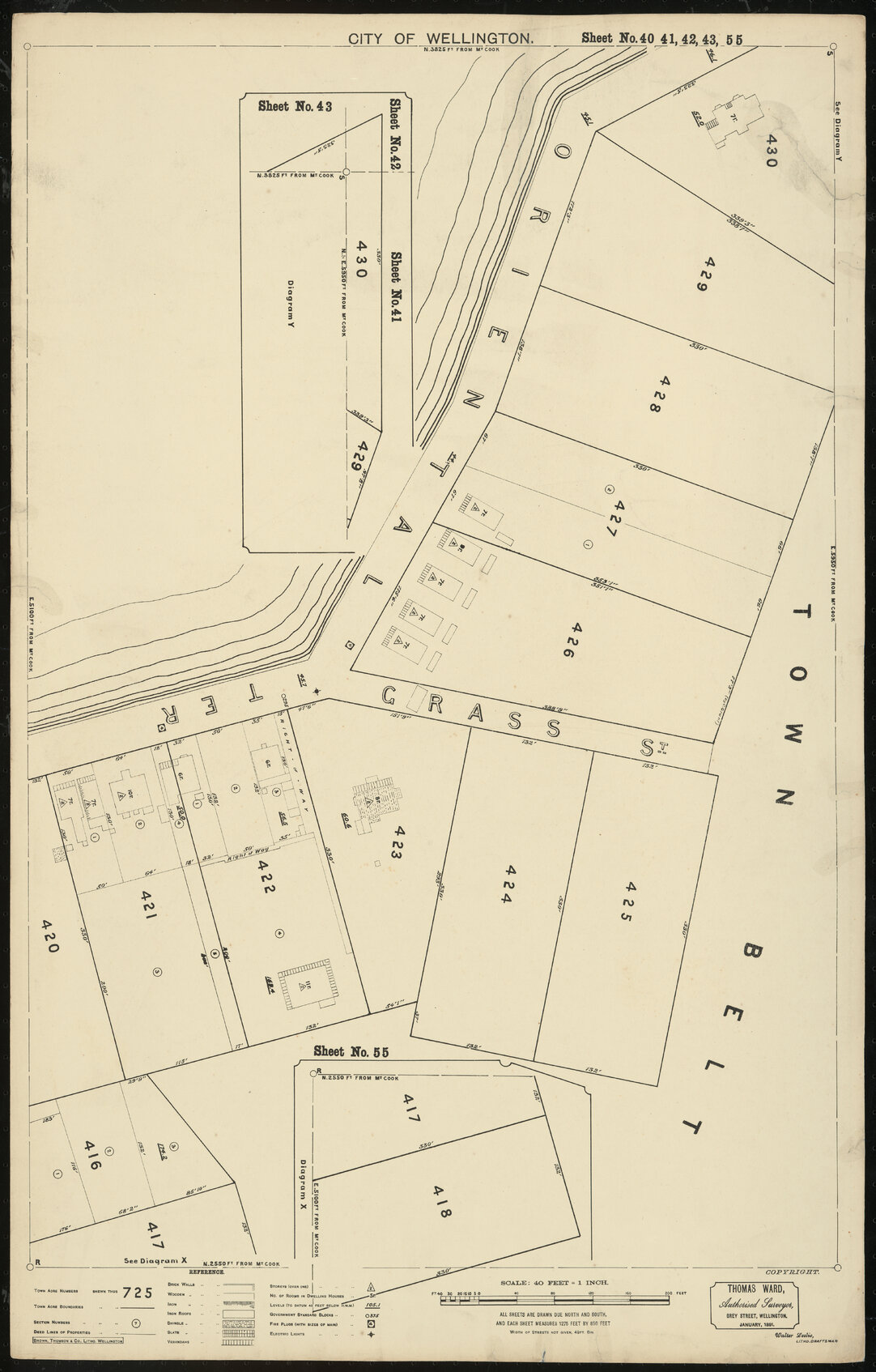 Thomas Ward survey map of Wellington City, sheet 40, 41, 42, 43, 55