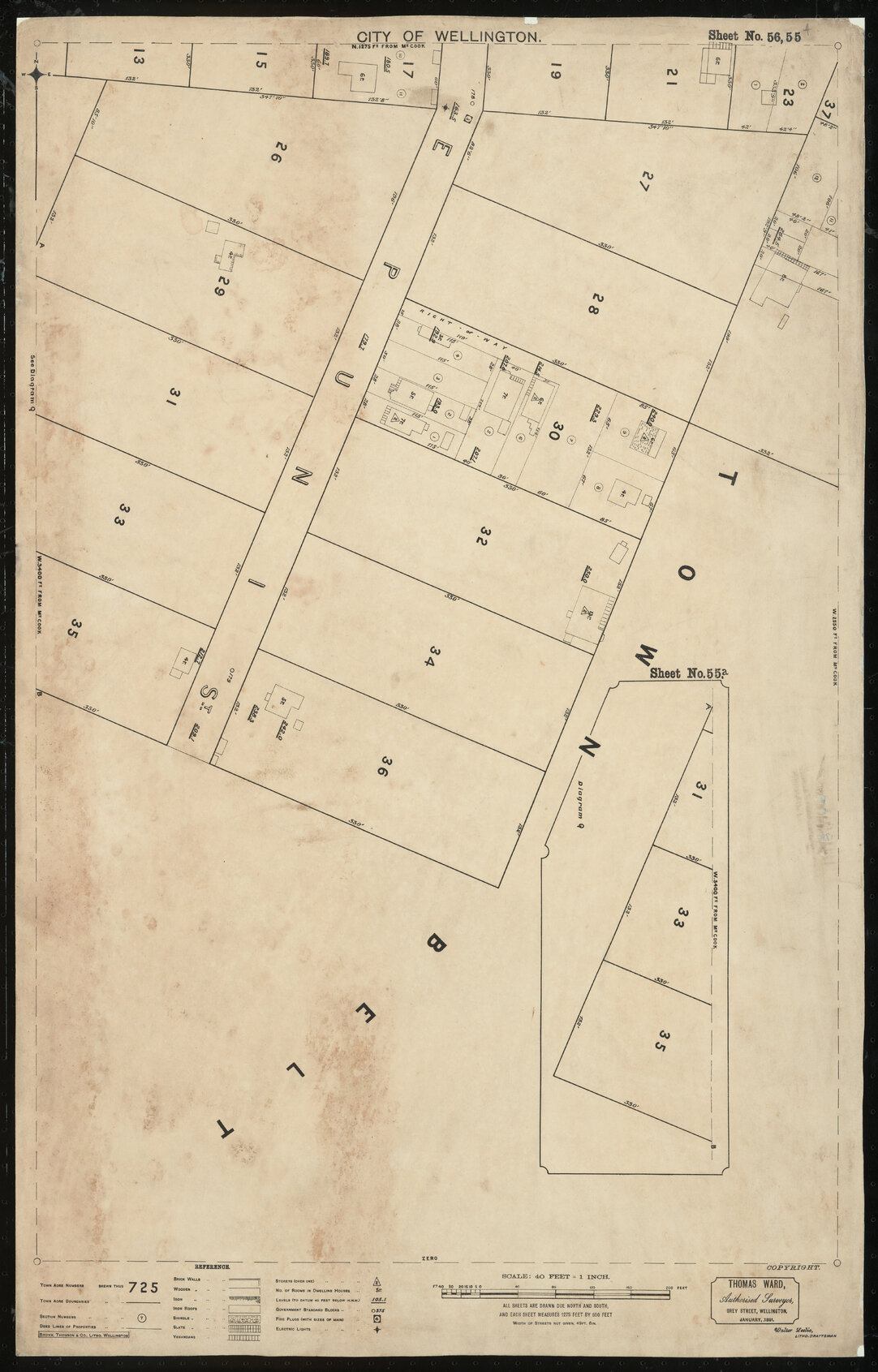 Thomas Ward survey map of Wellington City, sheet 55a, 56