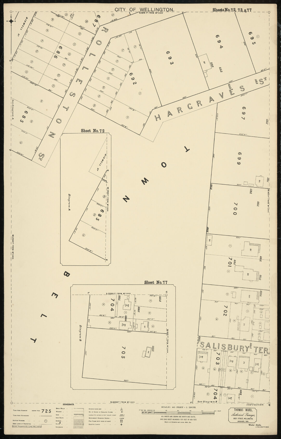 Thomas Ward survey map of Wellington City, sheet 72, 73, 77