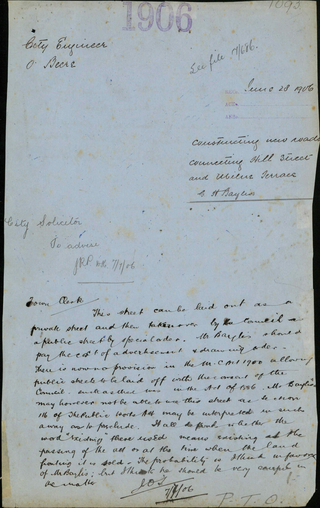 Constructing new roads connecting Hill Street and Milne Terrace, G H Baylis - City Engineer; O Beere