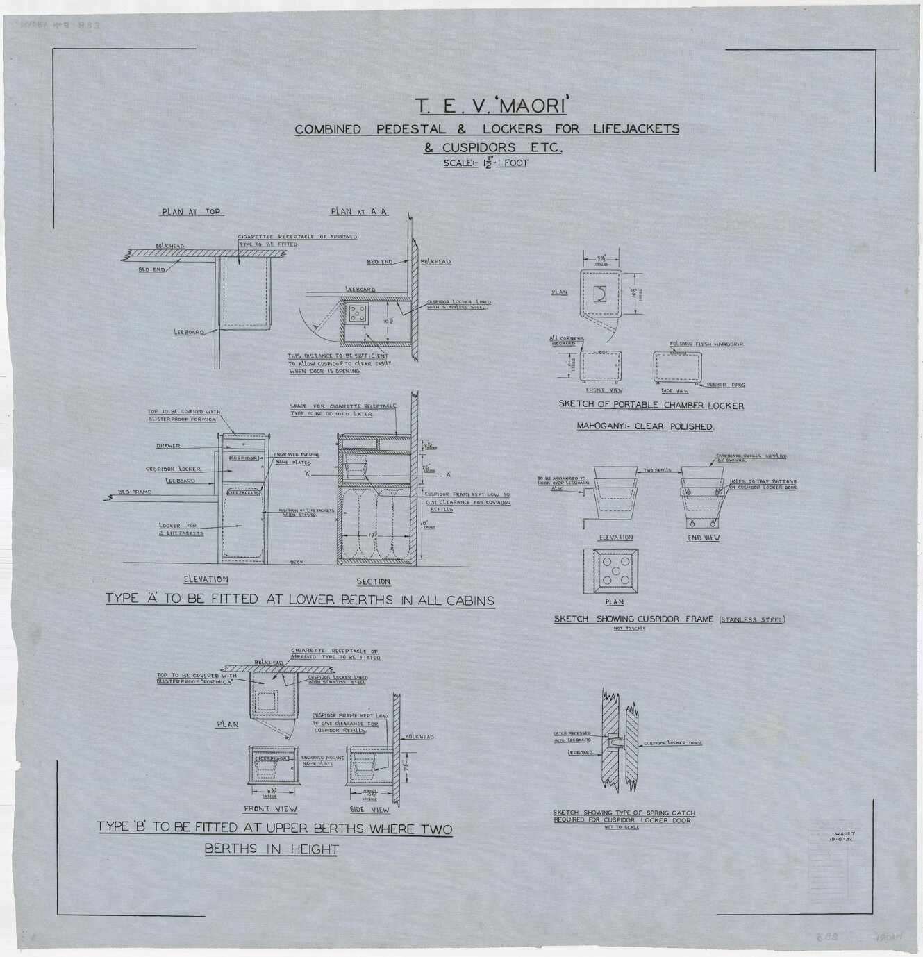 TEV Maori, combined pedestal and lockers for lifejackets and cuspidors etc.