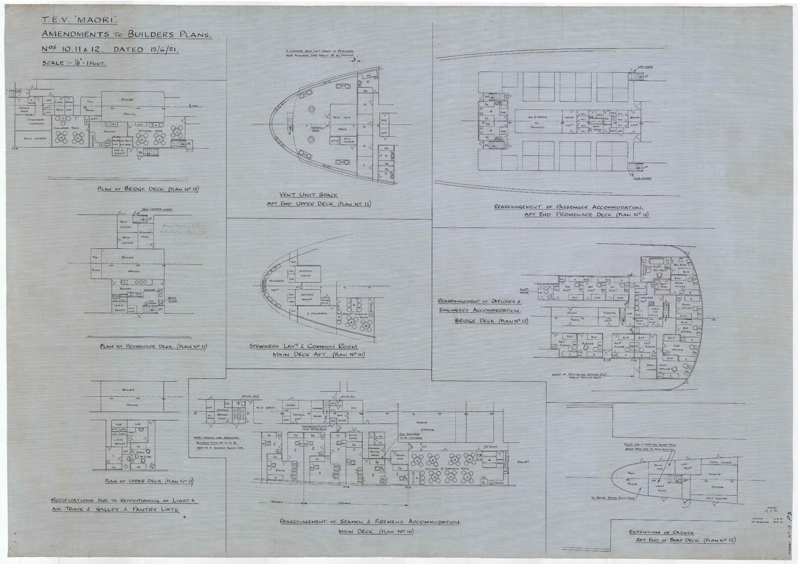 TEV Maori, amendments to builders plan numbers 10, 11 and 12