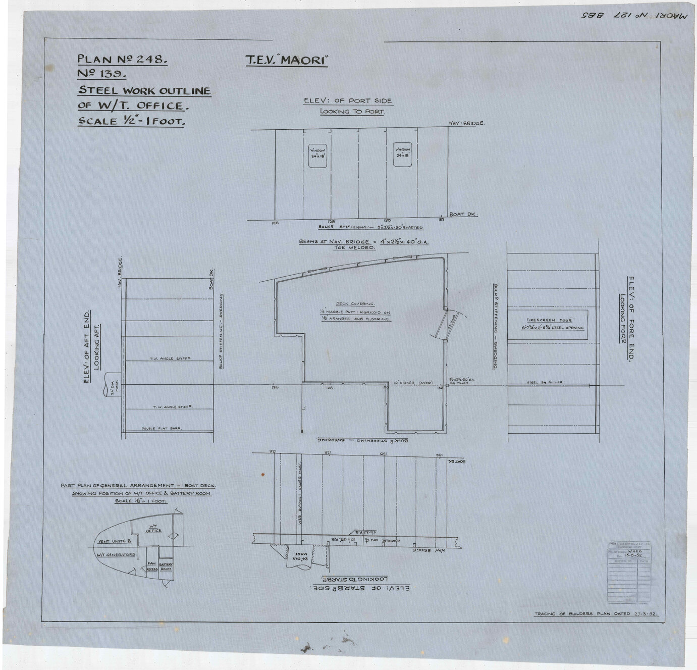 TEV Maori, steel work outline of w/t (wireless telegraphy) office