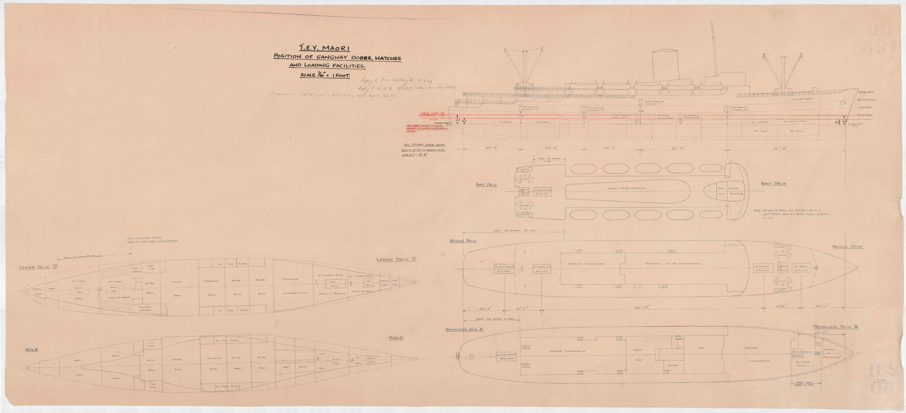 TEV Maori, position of gangway doors, hatches and loading facilities