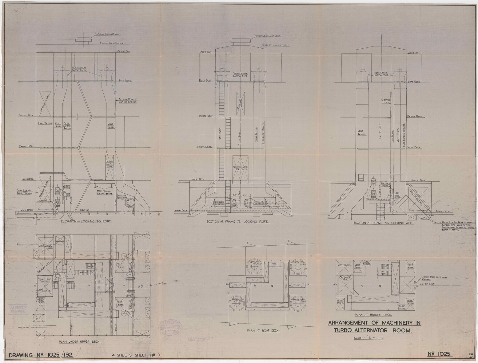 TEV Maori, arrangement of machinery in turbo-alternator room