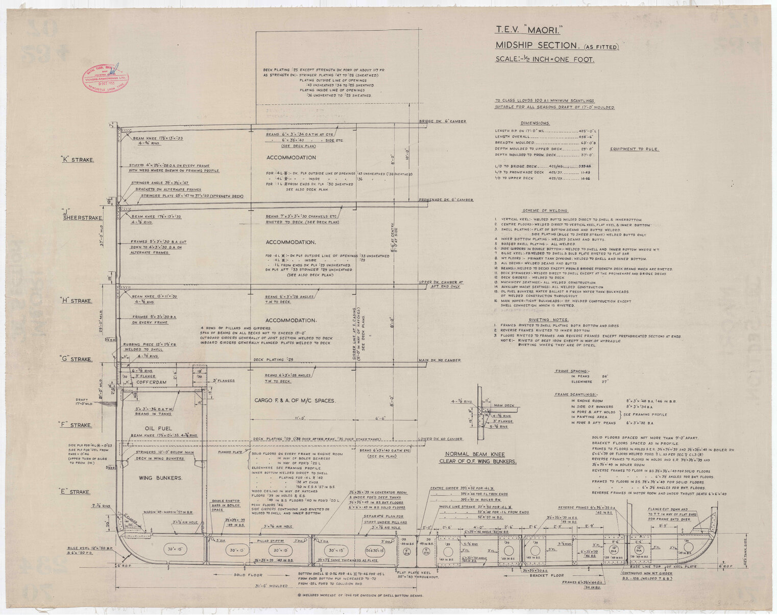 TEV Maori, midship section (as fitted)