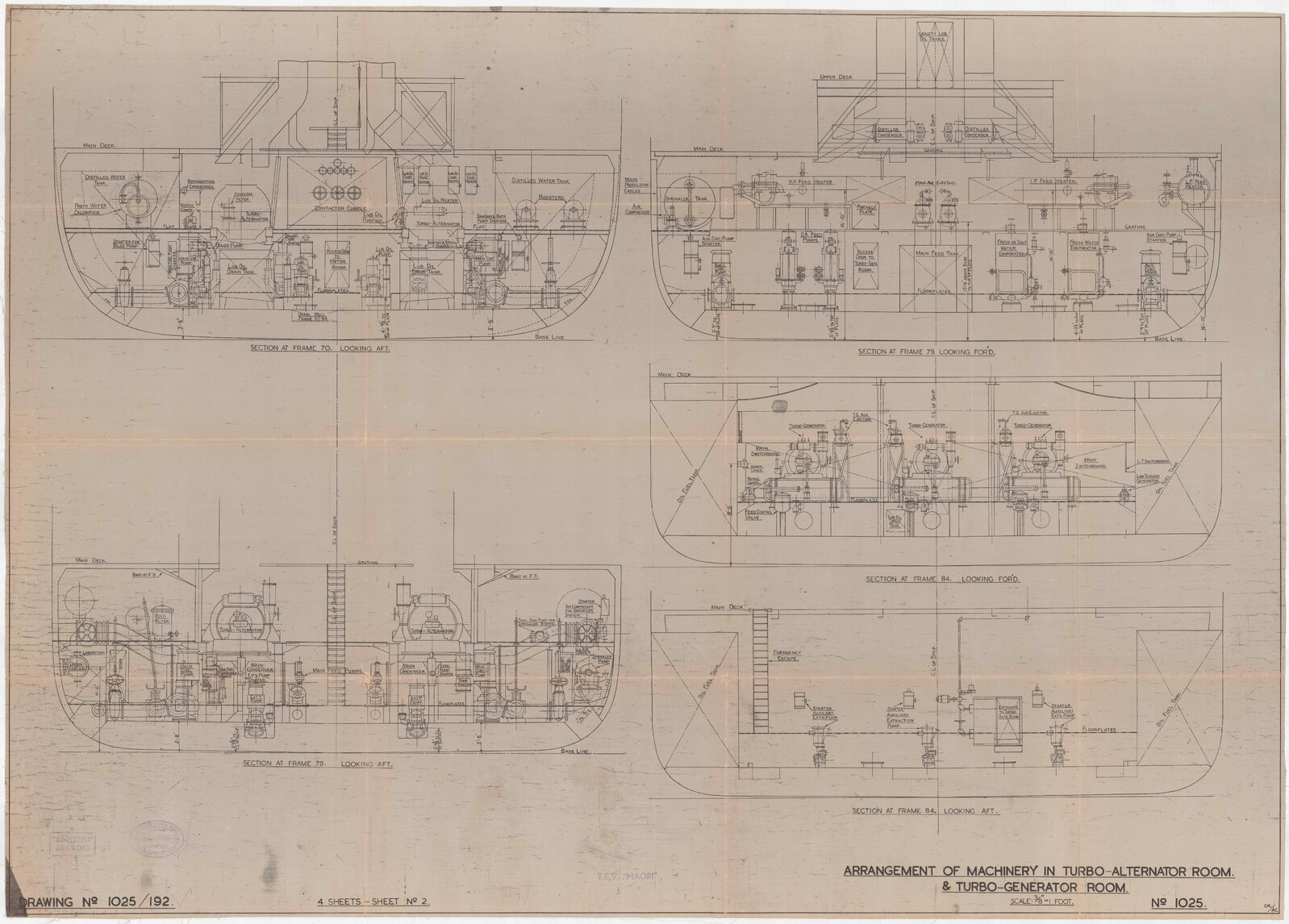 TEV Maori, arrangement of machinery in turbo-alternator room and turbo-generator room