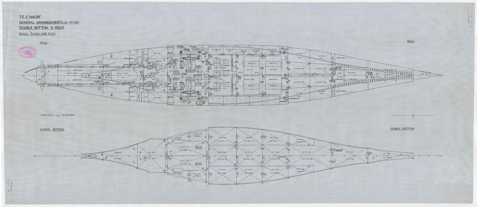 TEV Maori, general arrangements (as fitted), double bottom and hold