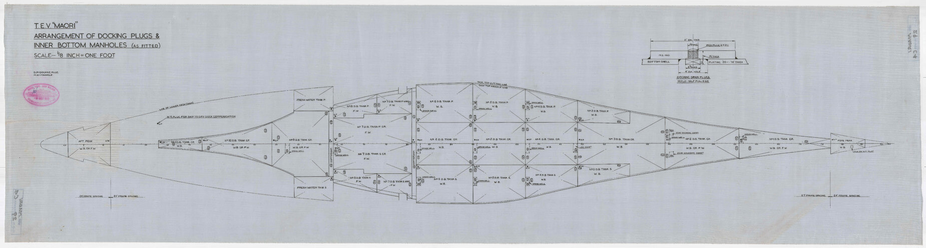 TEV Maori, arrangement of docking plugs and inner bottom manholes (as fitted)