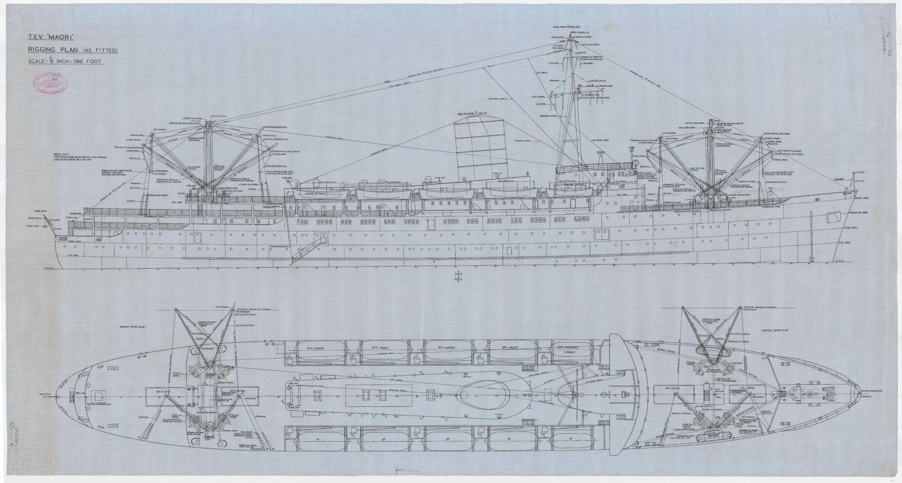 TEV Maori, rigging plan (as fitted)