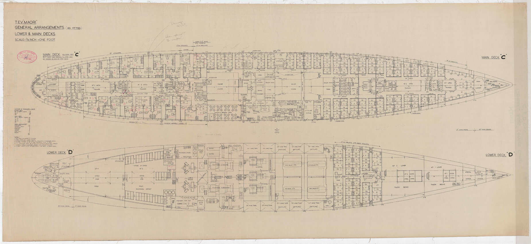 TEV Maori, general arrangements (as fitted), lower and main decks