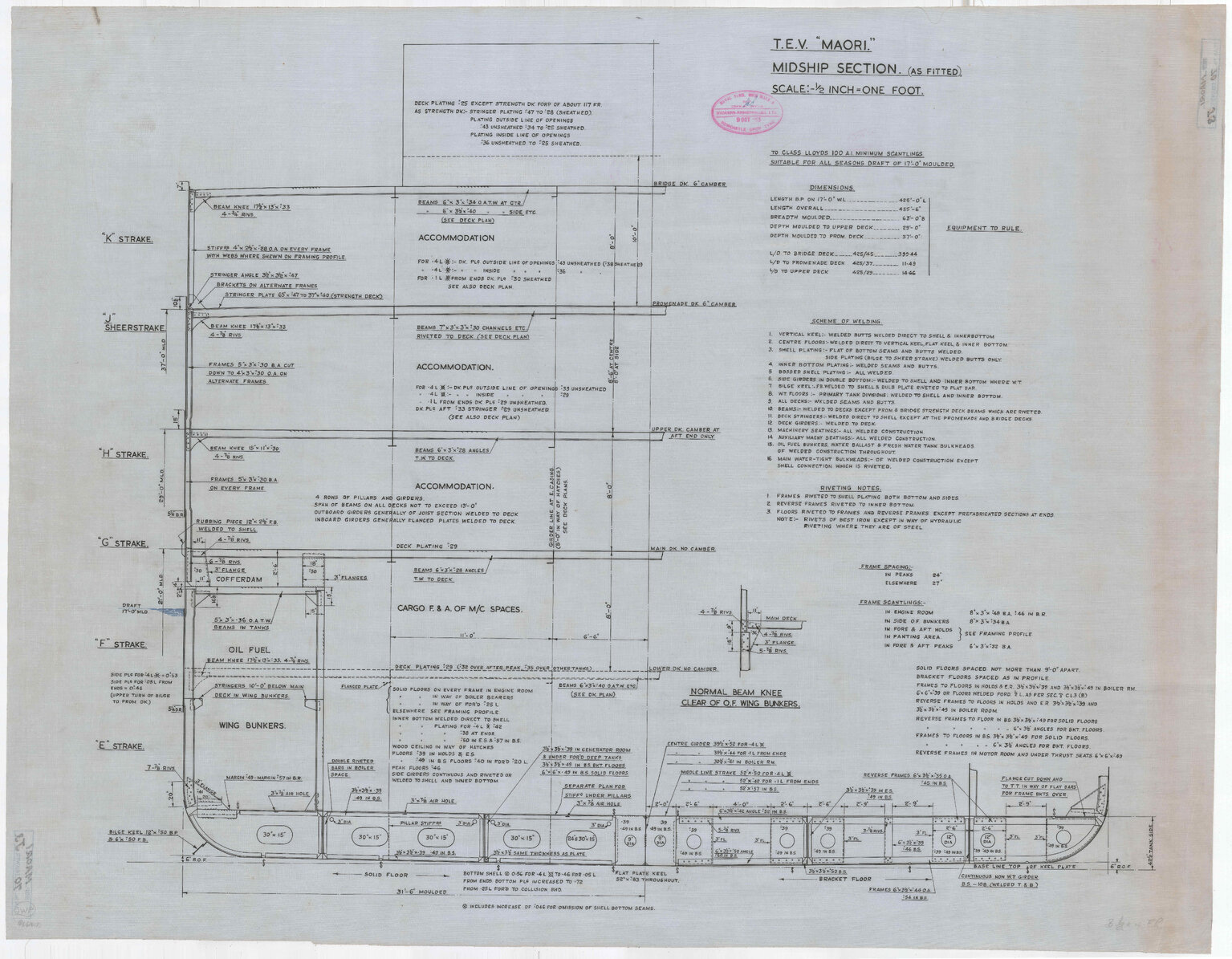 TEV Maori, midship section (as fitted)