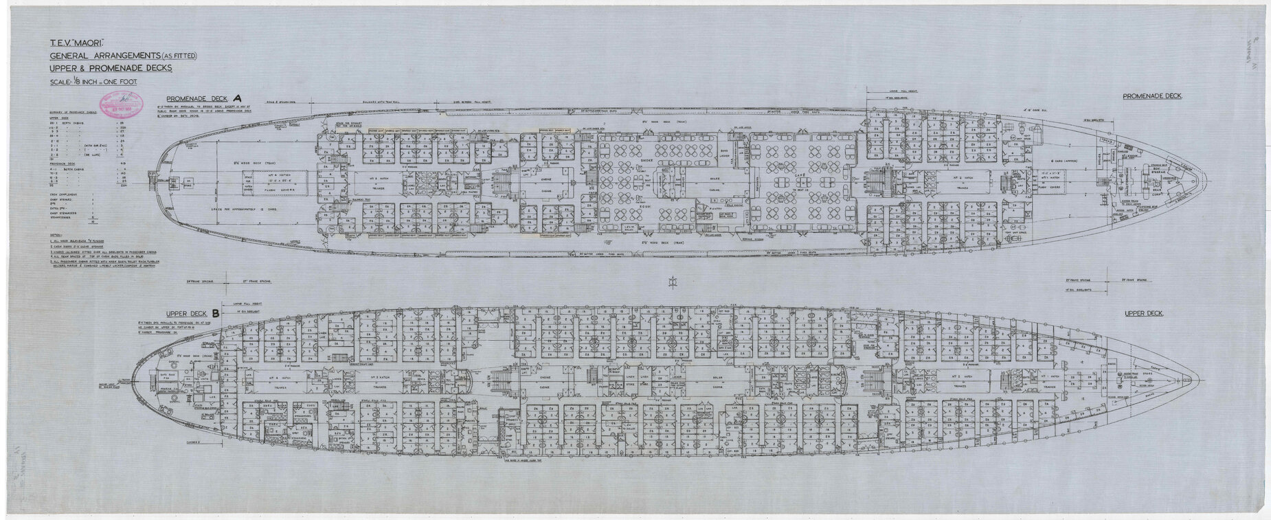 TEV Maori, general arrangements (as fitted), upper and promenade decks