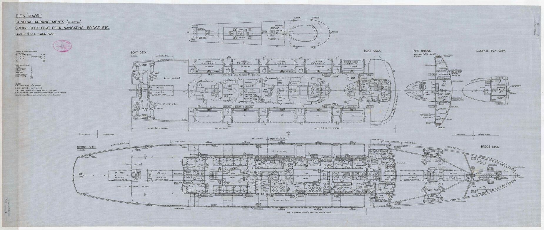 TEV Maori, general arrangements (as fitted), bridge deck, boat deck, navigating bridge, etc.