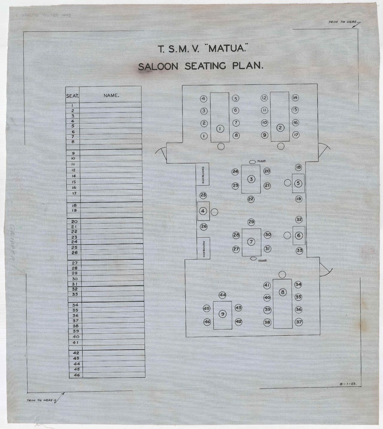 TSMV Matua, saloon seating plan