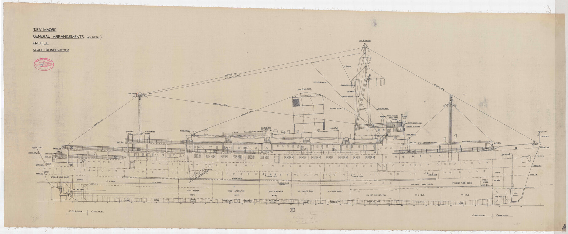TEV Maori, general arrangements (as fitted), profile