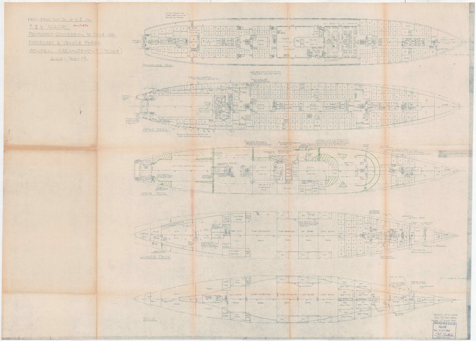 TEV Maori, proposed conversion to drive-on passenger and vehicle ferry, general arrangement (decks)