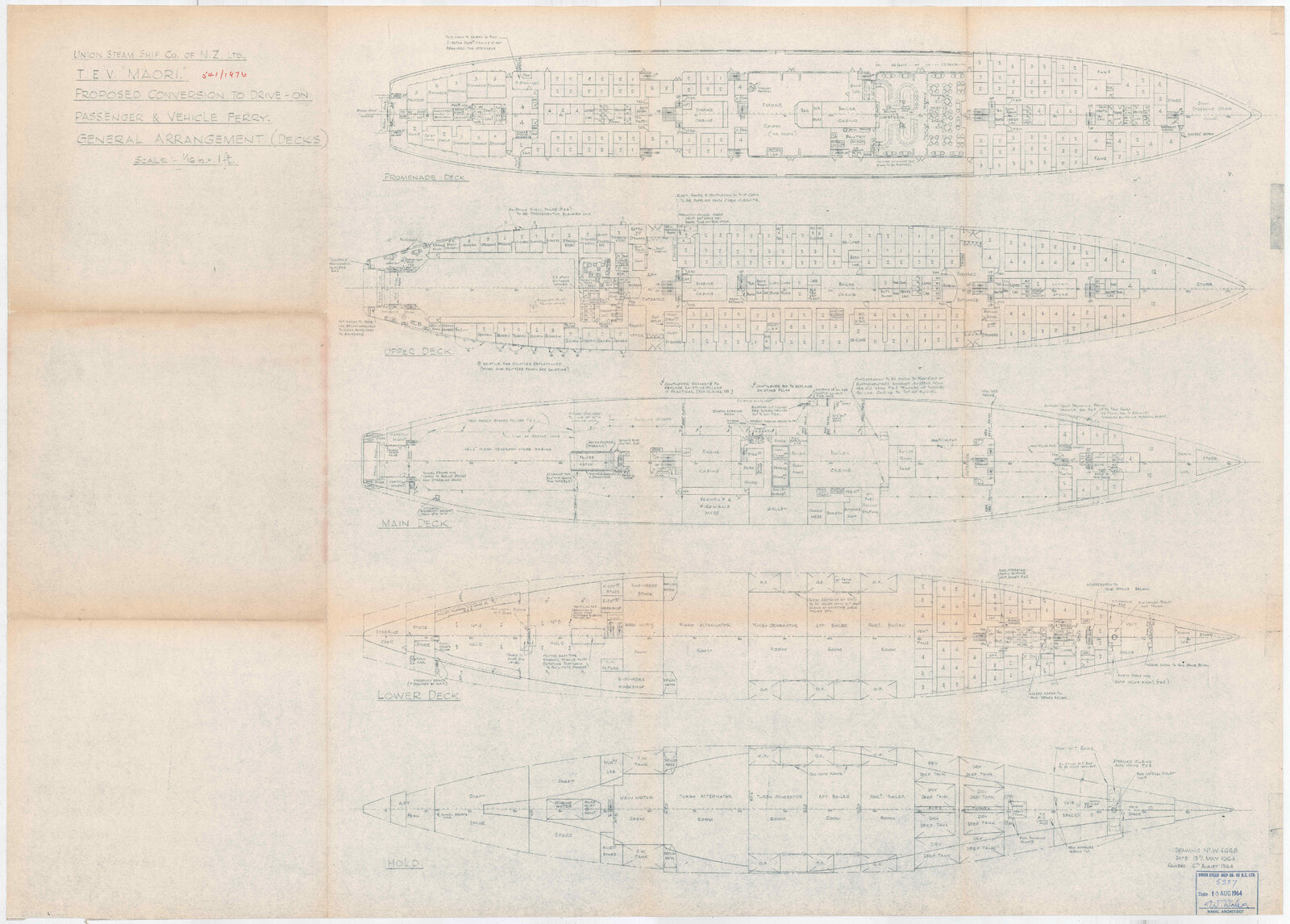 TEV Maori, proposed conversion to drive-on passenger and vehicle ferry, general arrangement (decks)