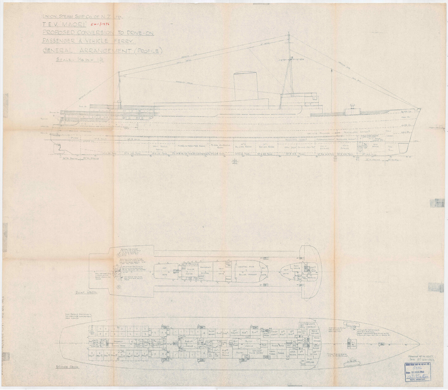 TEV Maori, proposed conversion to drive-on passenger and vehicle ferry, general arrangement (profile)