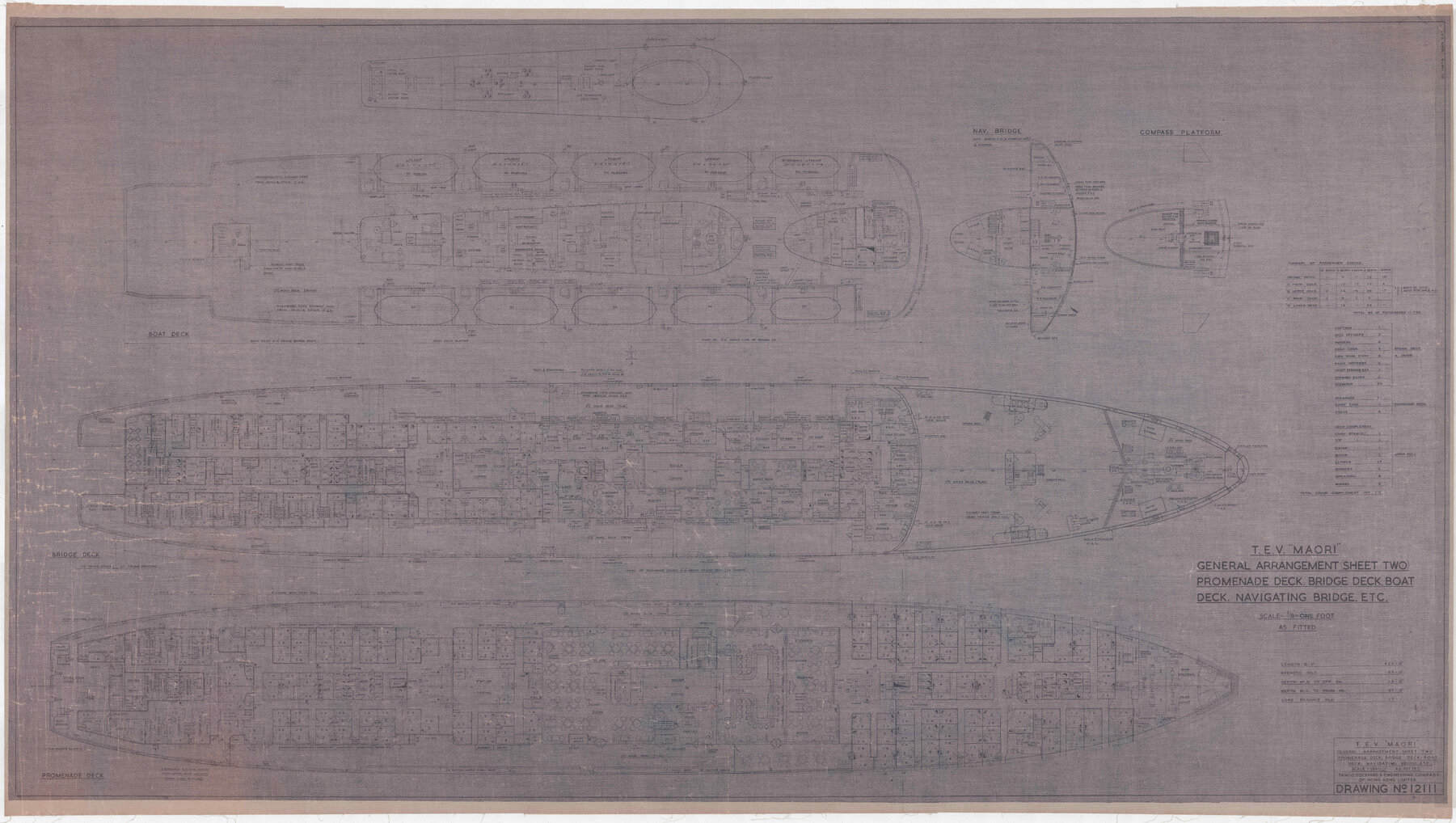 TEV Maori, general arrangement (sheet 2 of 3), promenade deck, bridge deck, boat deck, navigating bridge, etcetera