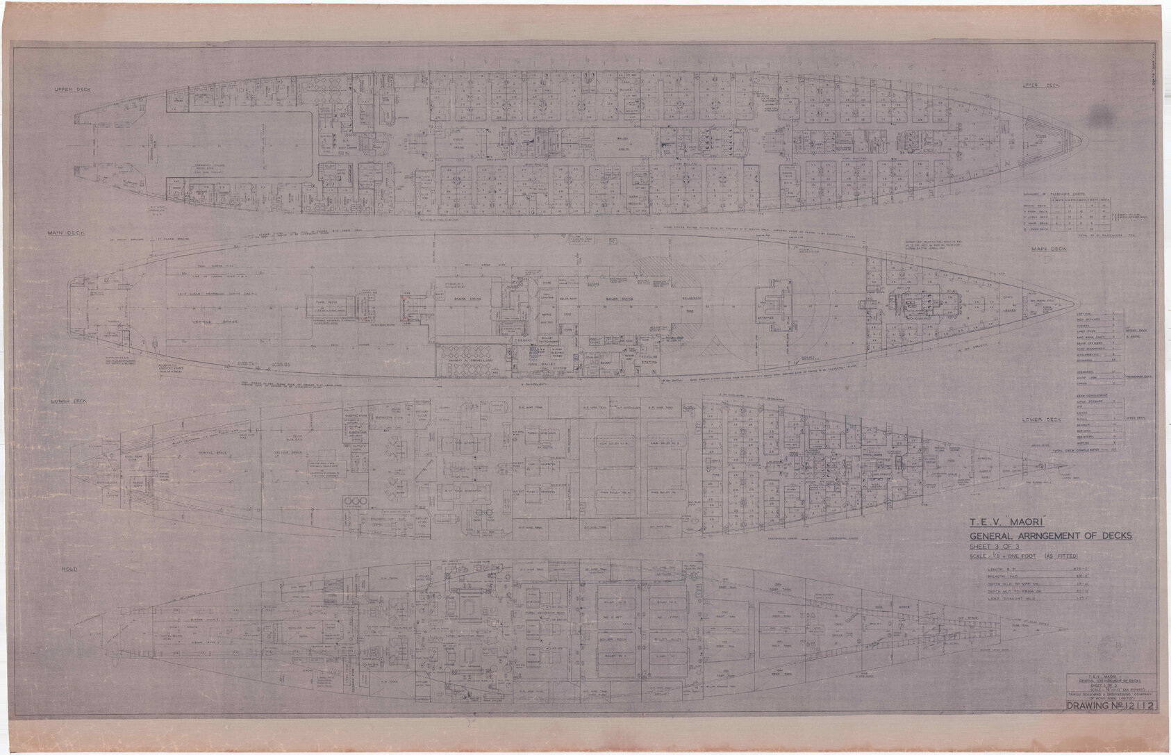 TEV Maori, general arrangement of decks (sheet 3 of 3)