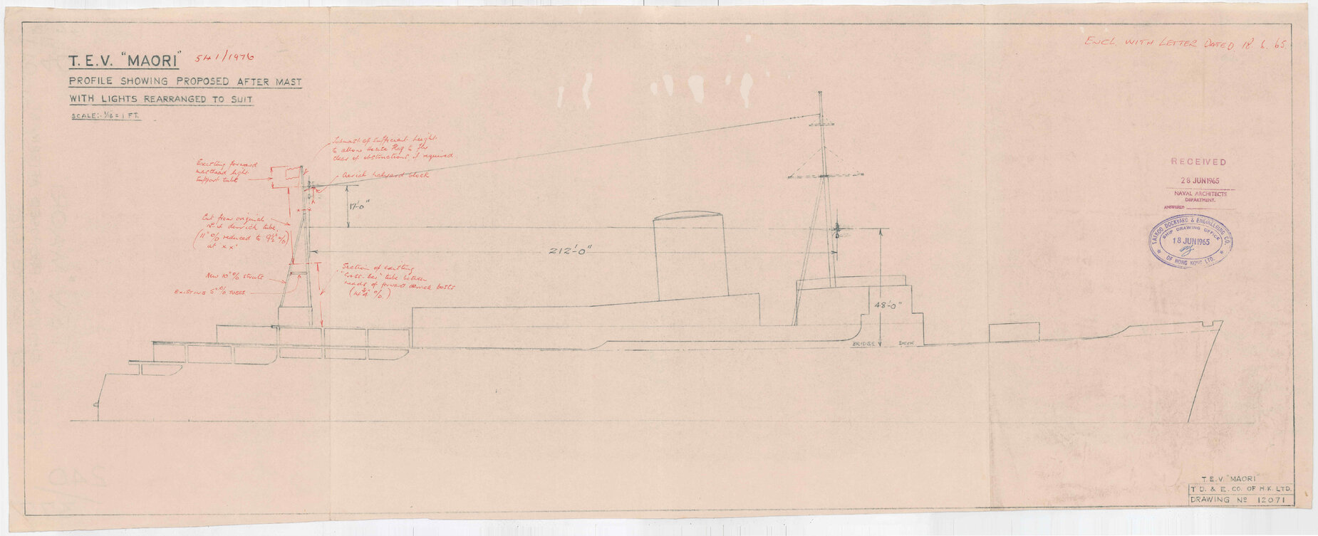 TEV Maori, profile showing proposed after mast with lights rearranged to suit