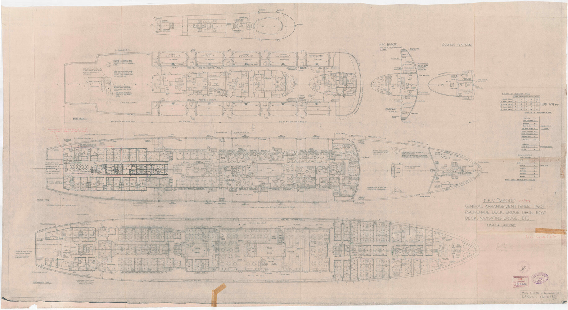 TEV Maori, general arrangement (sheet 2 of 3), promenade deck, bridge deck, boat deck, navigating bridge, etcetera [copy]