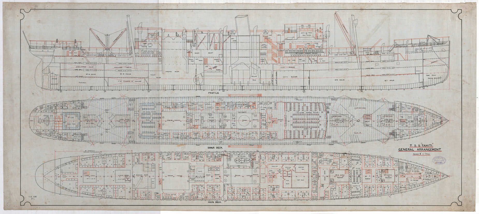 TSS Tahiti, general arrangement, profile, spar deck, main deck