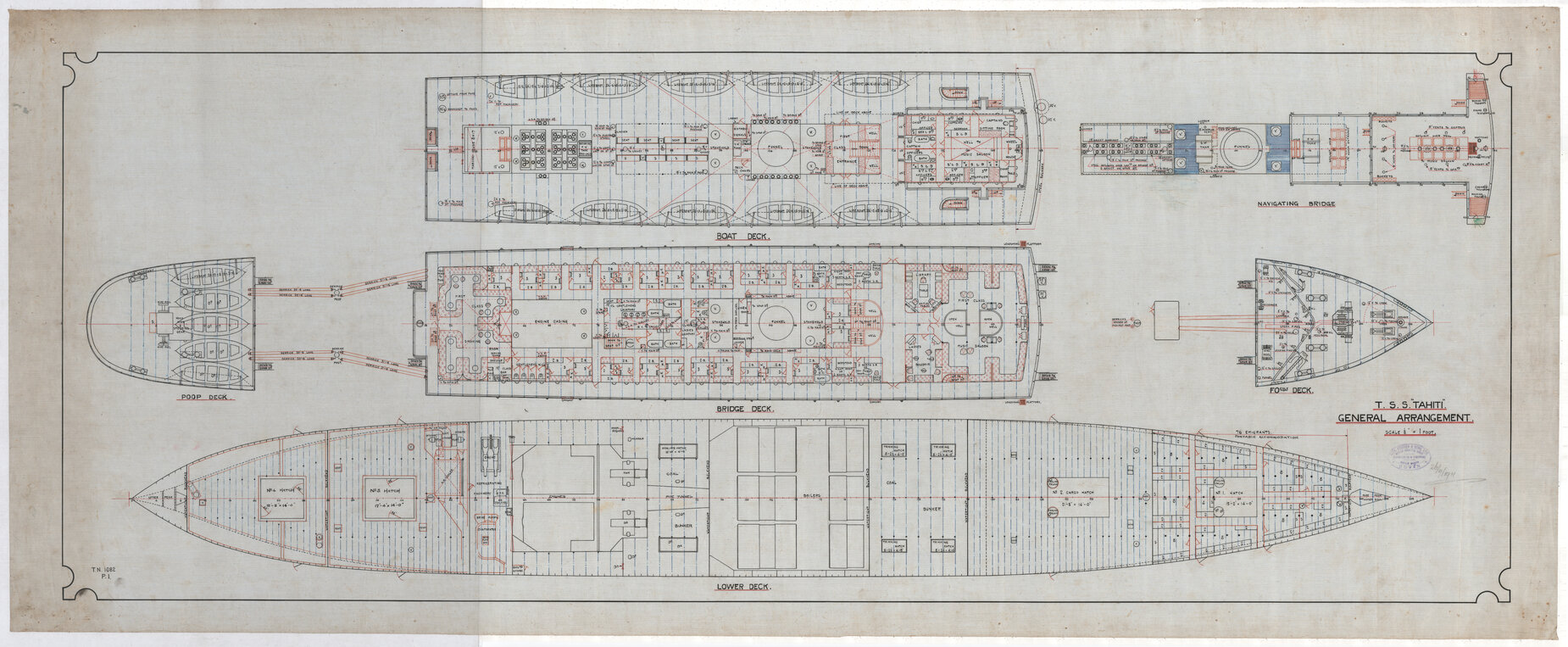 T.S.S. Tahiti, general arrangement - boat deck, navigating bridge, poop deck, bridge deck, forecastle deck, lower deck