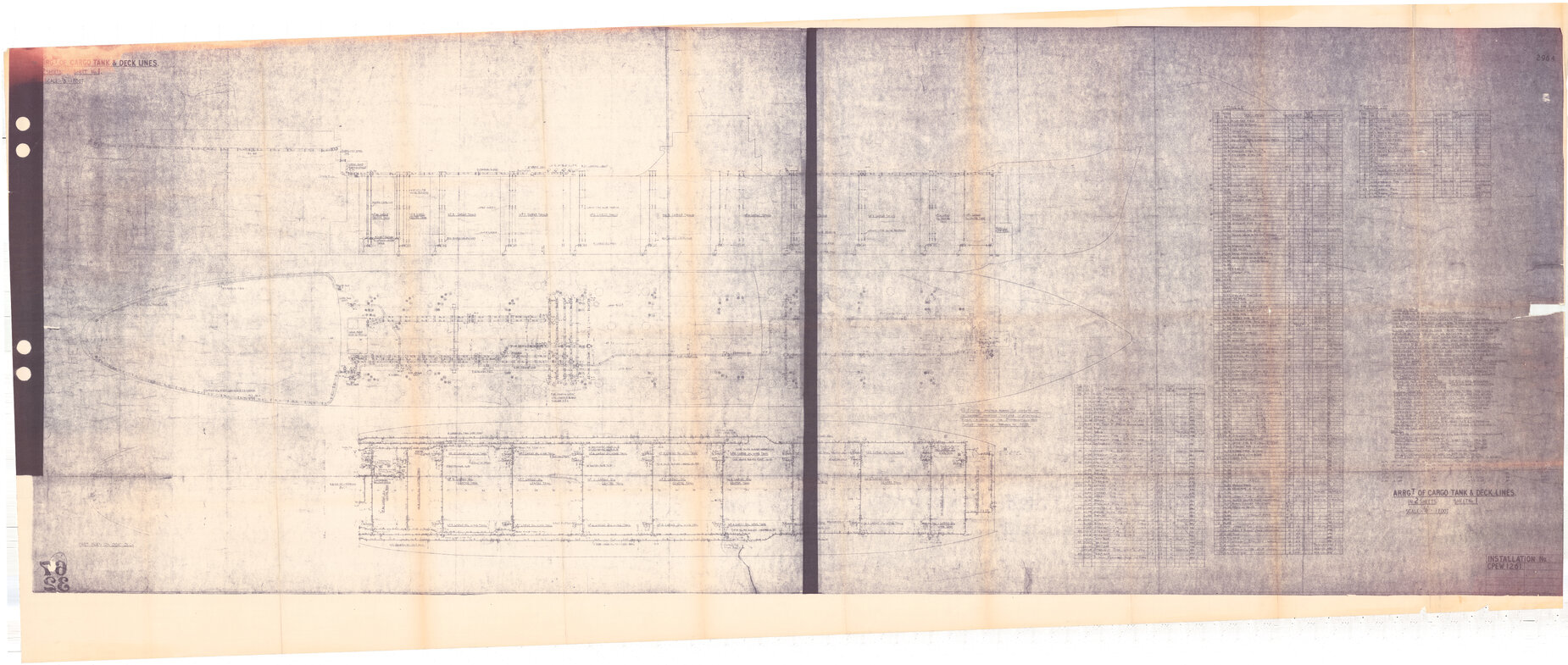 [STS Athelviscount], arrangement of cargo tanks and deck lines in 2 sheets, sheet no 1