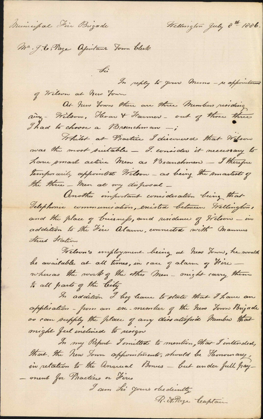 Appointment of Wilson as Branchman at Newtown Fire Station - Robert A Page (Captain, Fire Brigade)