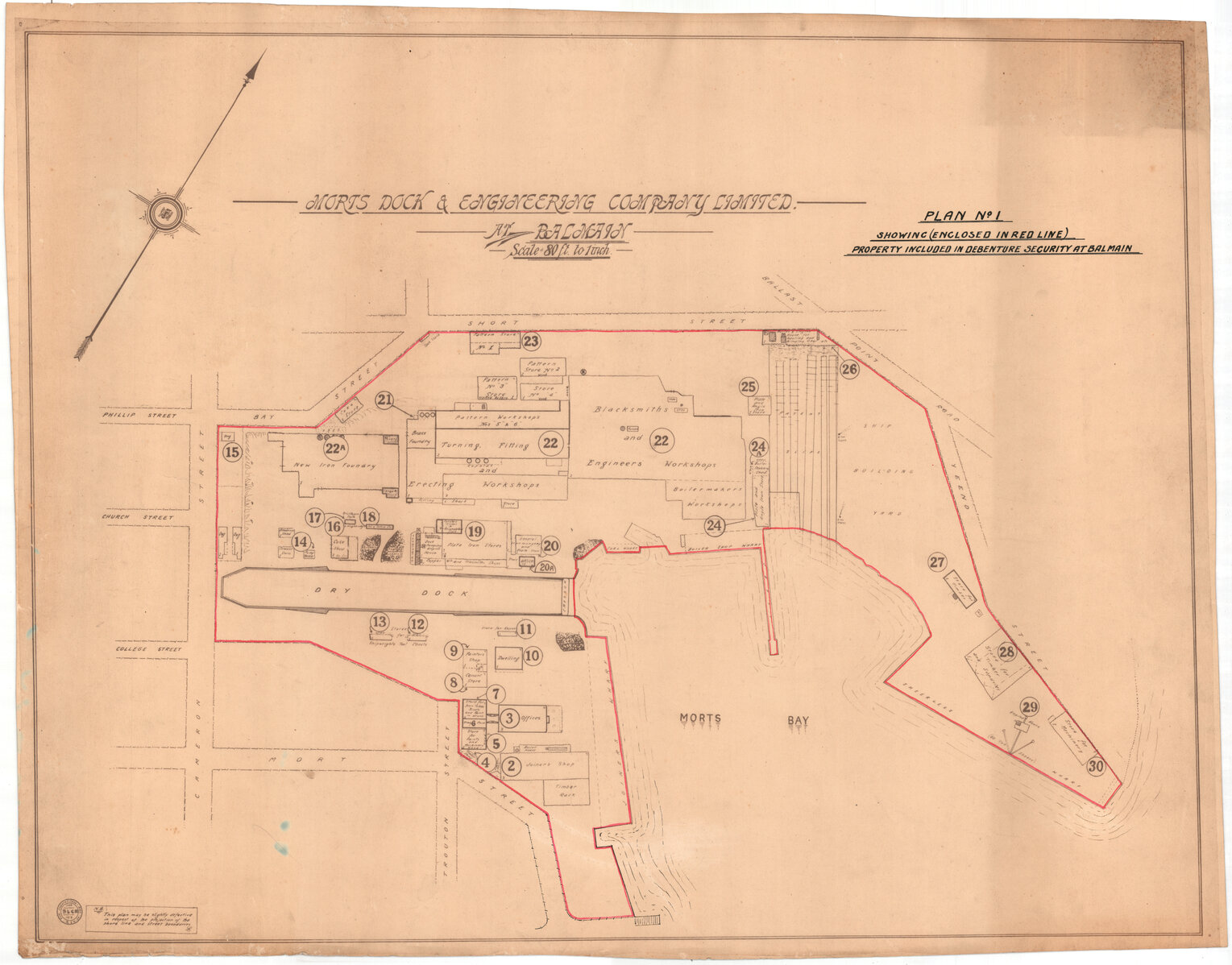 Balmain, plan no. 1 showing (enclosed in red line) property included in debenture security