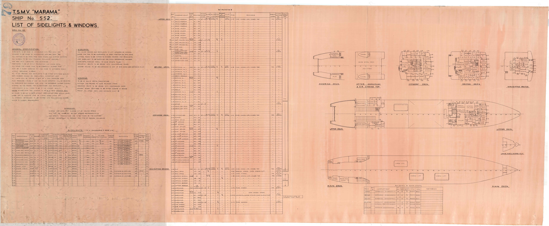 TSMV Marama, list of sidelights and windows