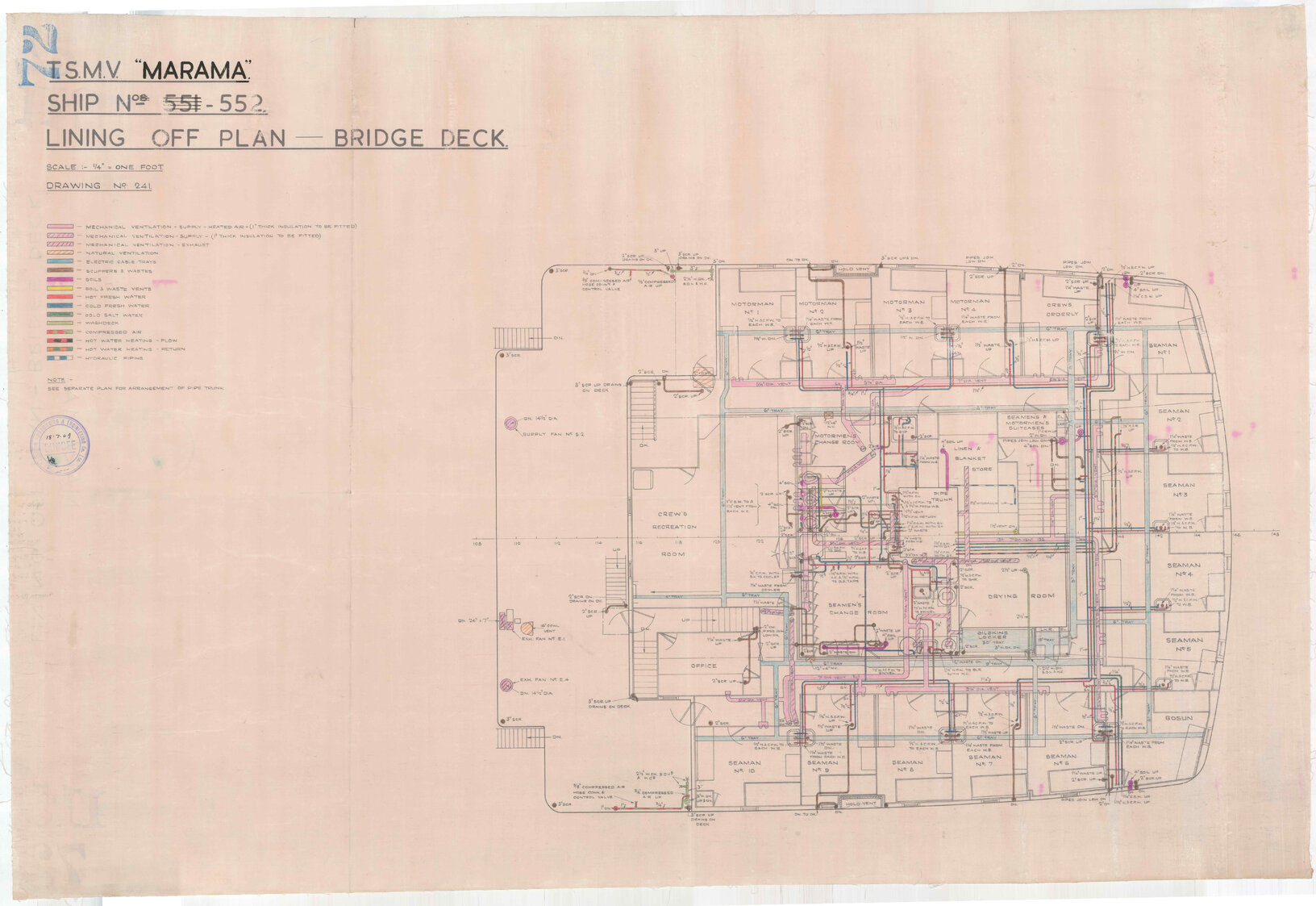 TSMV Marama, lining off plan, bridge deck