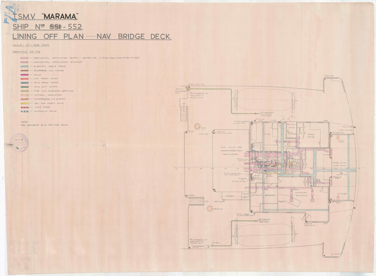 TSMV Marama, lining off plan, [navigating] bridge deck