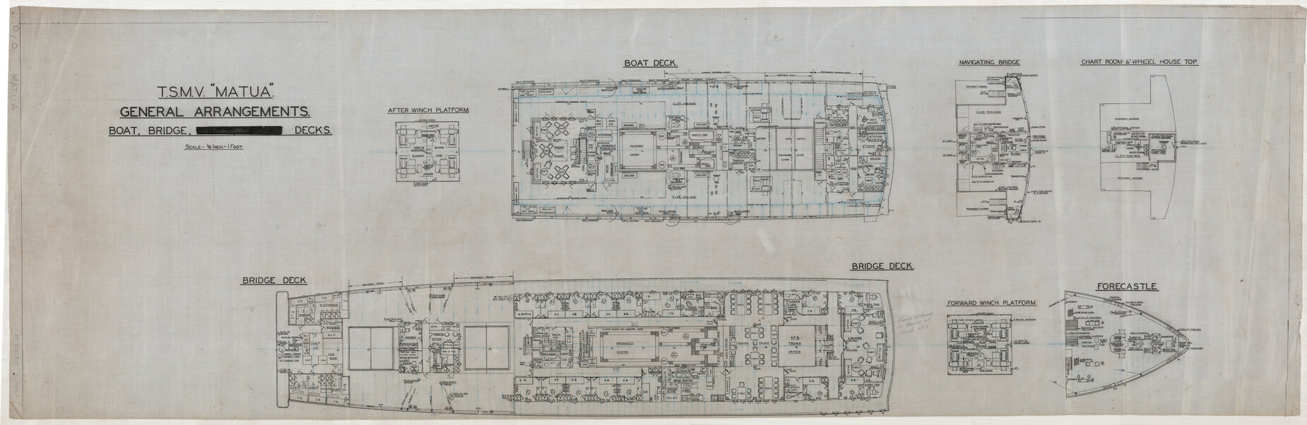 TSMV Matua, general arrangements, boat, bridge, decks