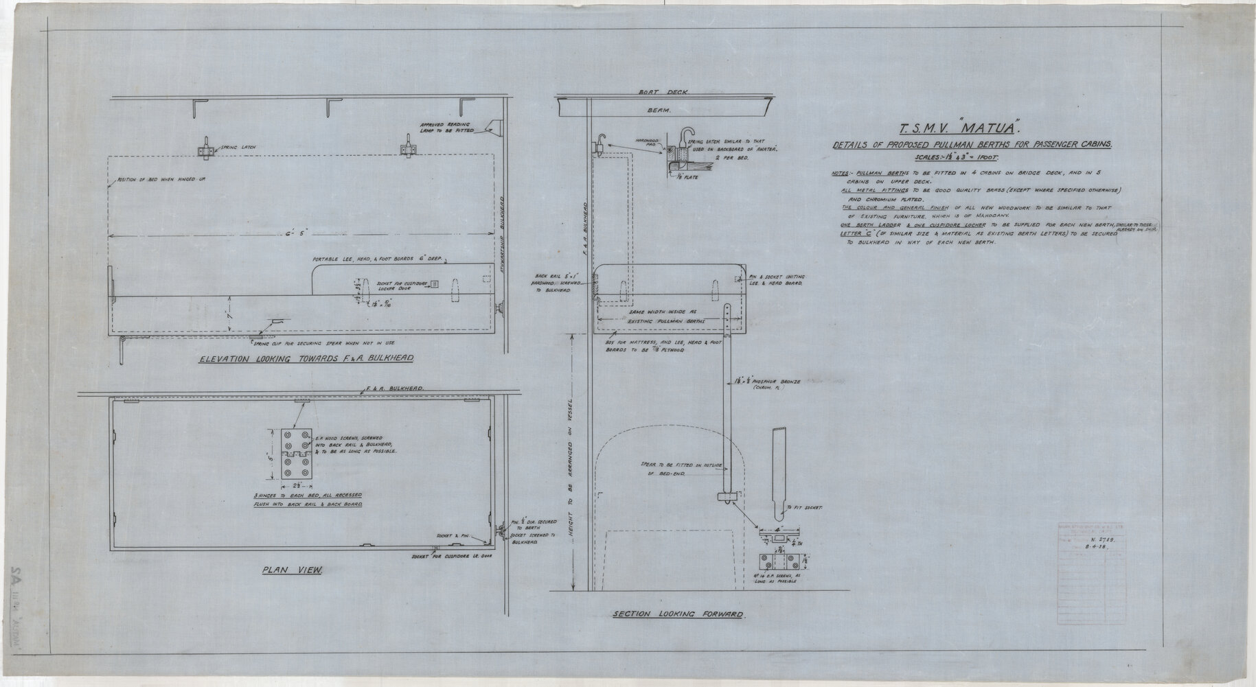 TSMV Matua, details of proposed pullman berths for passenger cabins