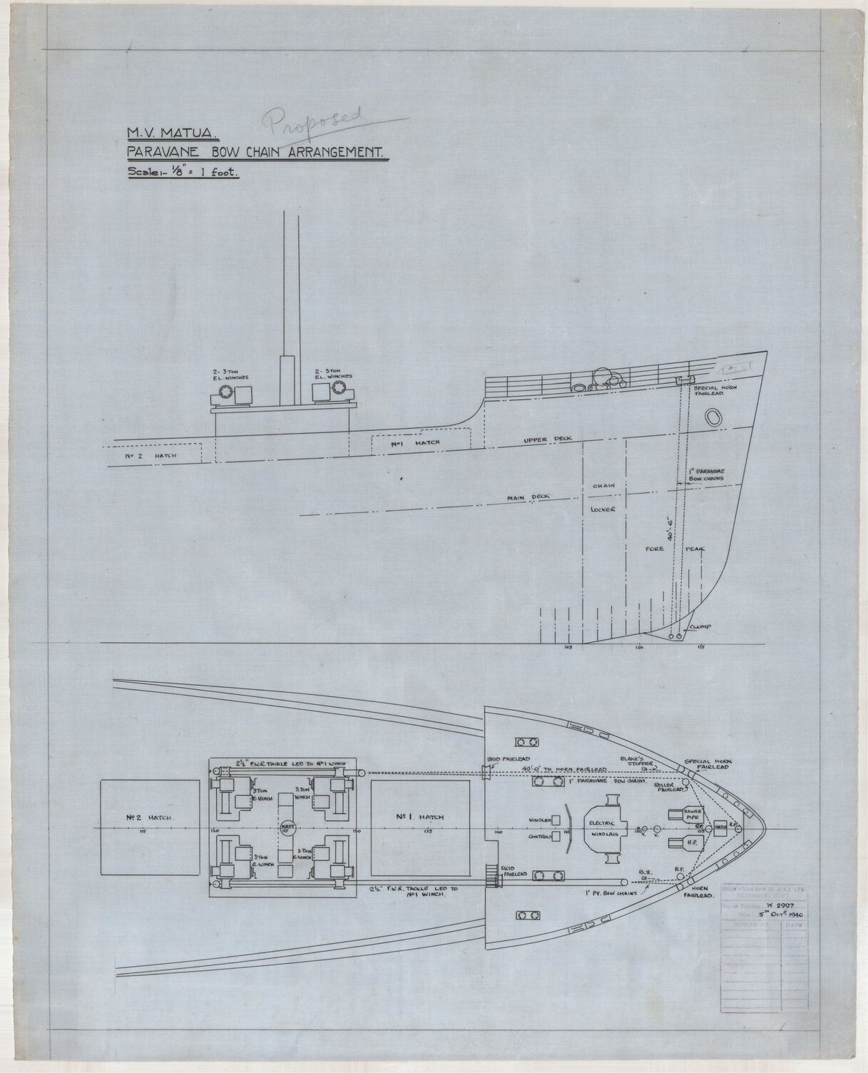 MV Matua, paravane bow chain arrangement