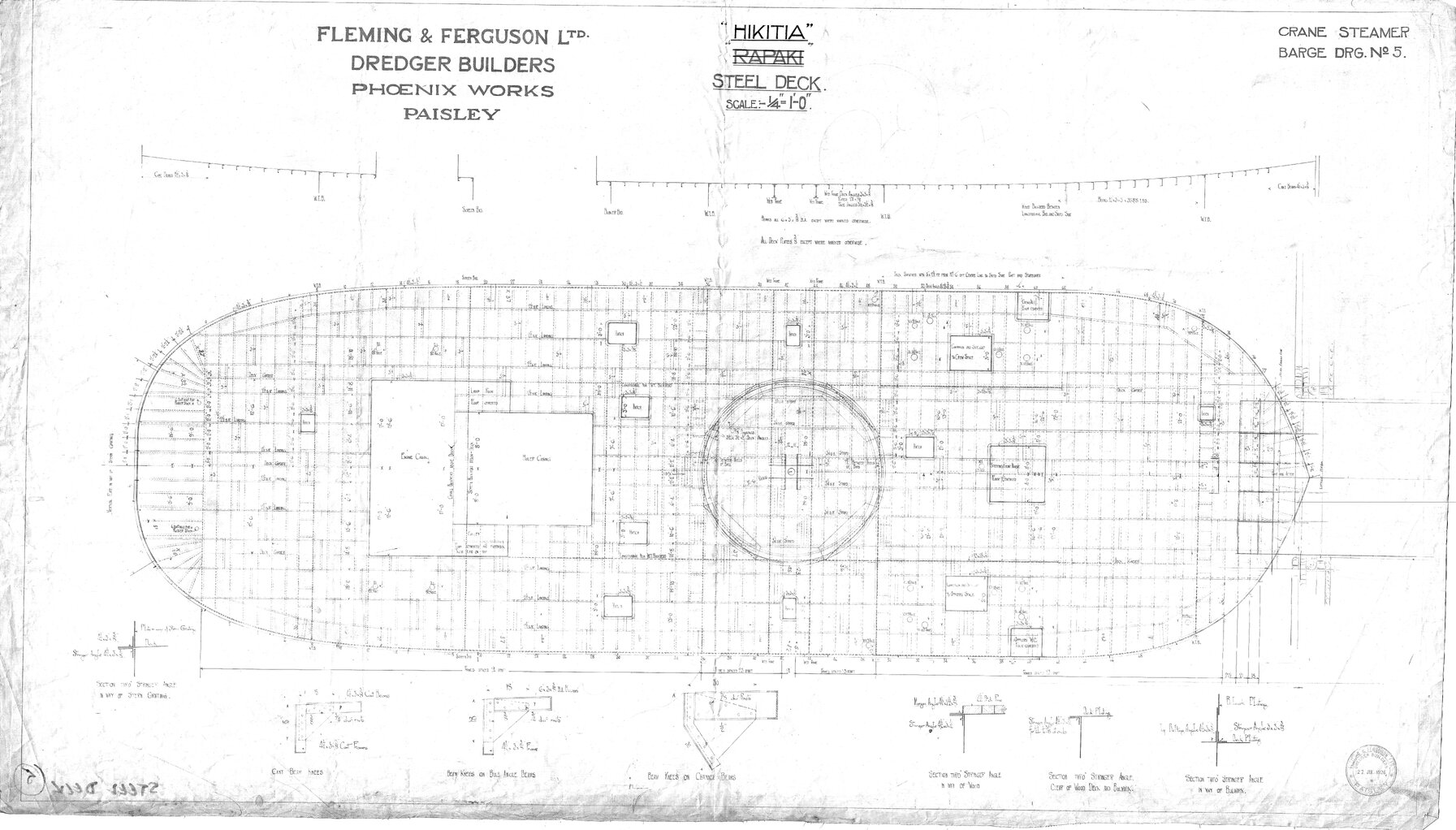 Hikitea, Steel Deck, W T Bulkheads, Crane Steamer Barge Drg 5