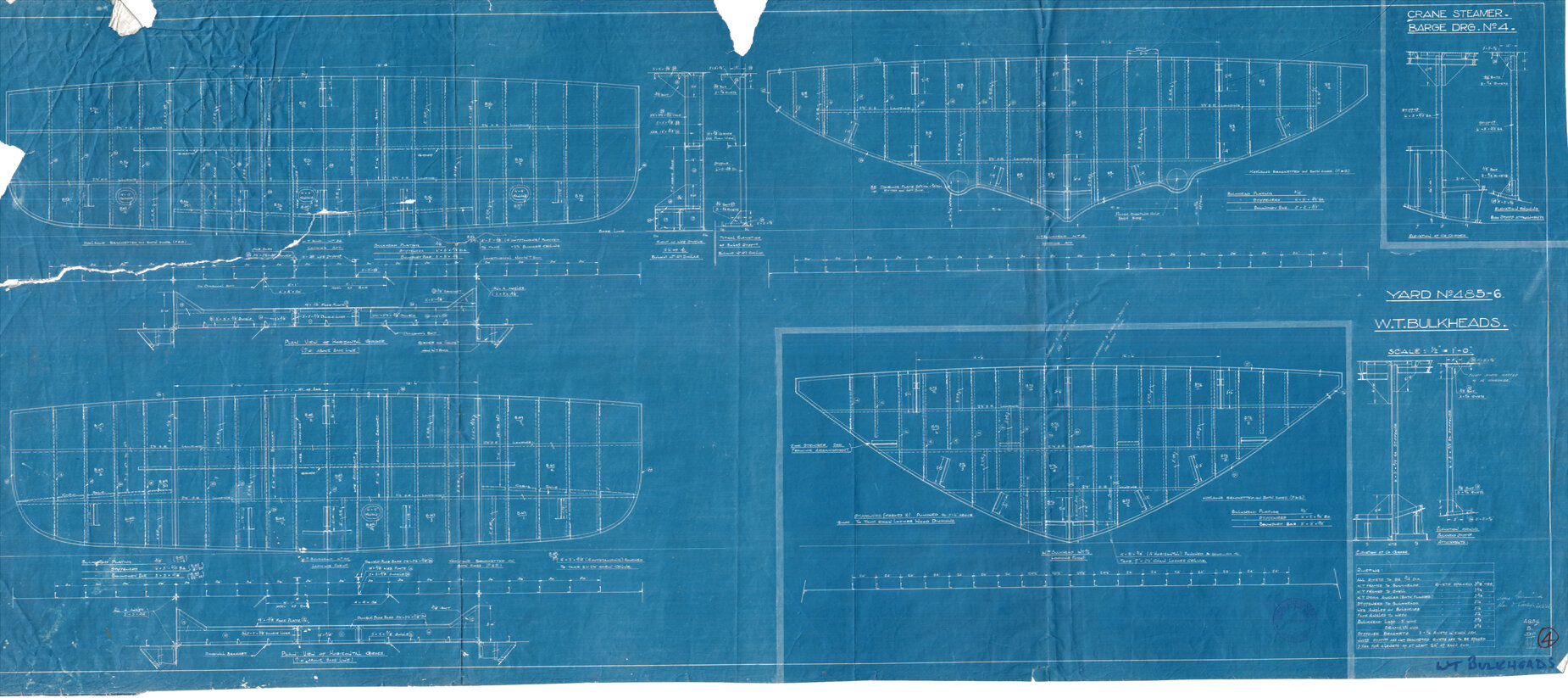 [Hikitea], Yard No 485-6, W T Bulkheads, Crane Steamer Barge Drg 4