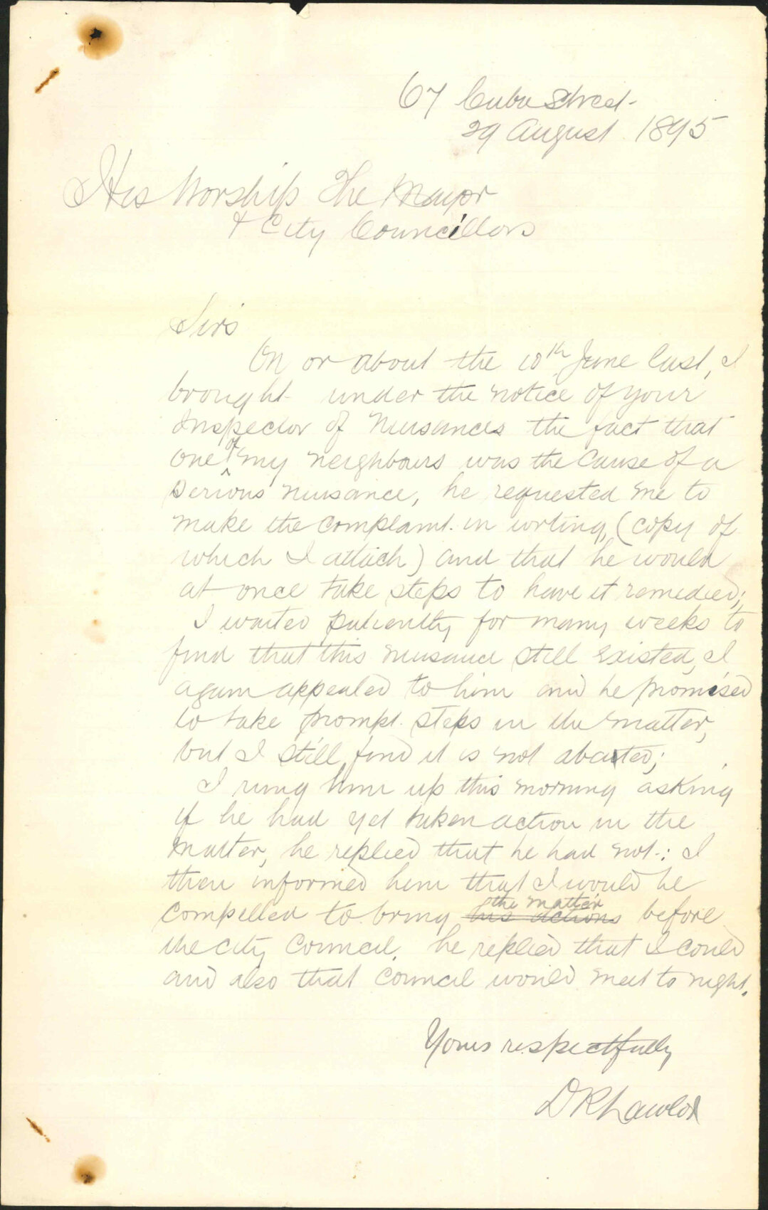 Complaint regarding his neighbour's premises - D R Lawlor
