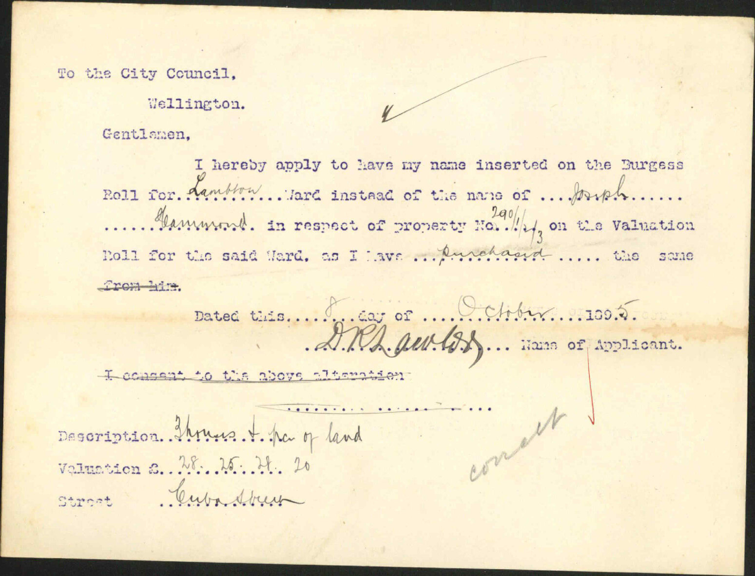 Application to be placed on Burgess Roll - D R Lawlor
