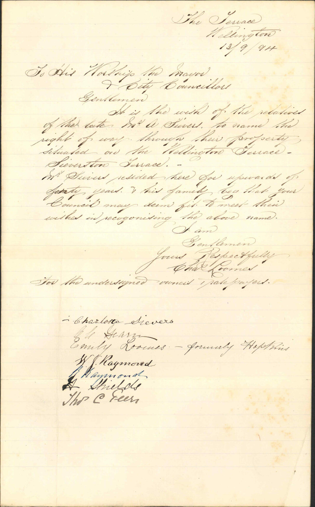 Right-of-way off Wellington Terrace (naming) - Charles Loomes
